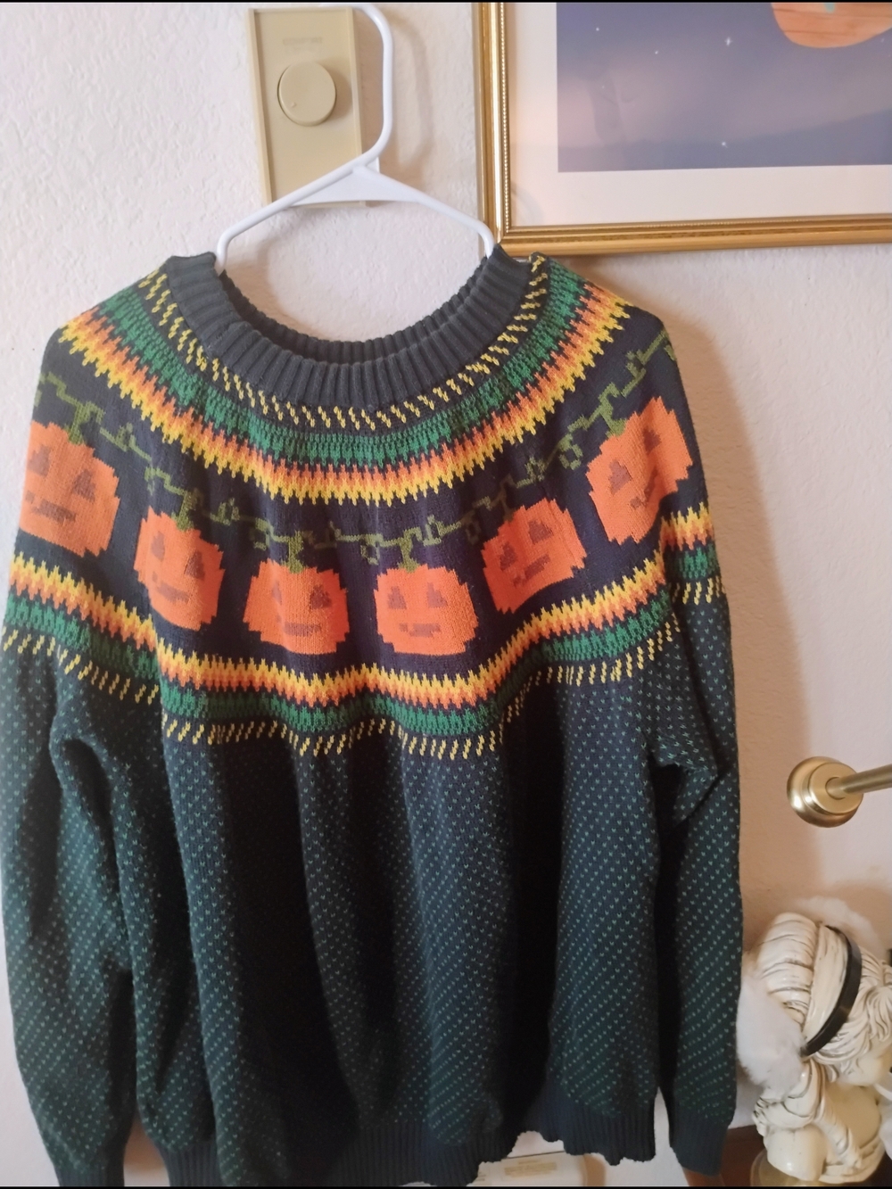 ModCloth Dark Green Knit Sweater with Orange Pumpkin Fair Isle